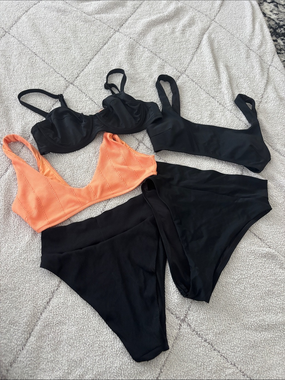 aerie Black and Coral Ribbed Bikini Tops with Black High-Waist Bottoms
